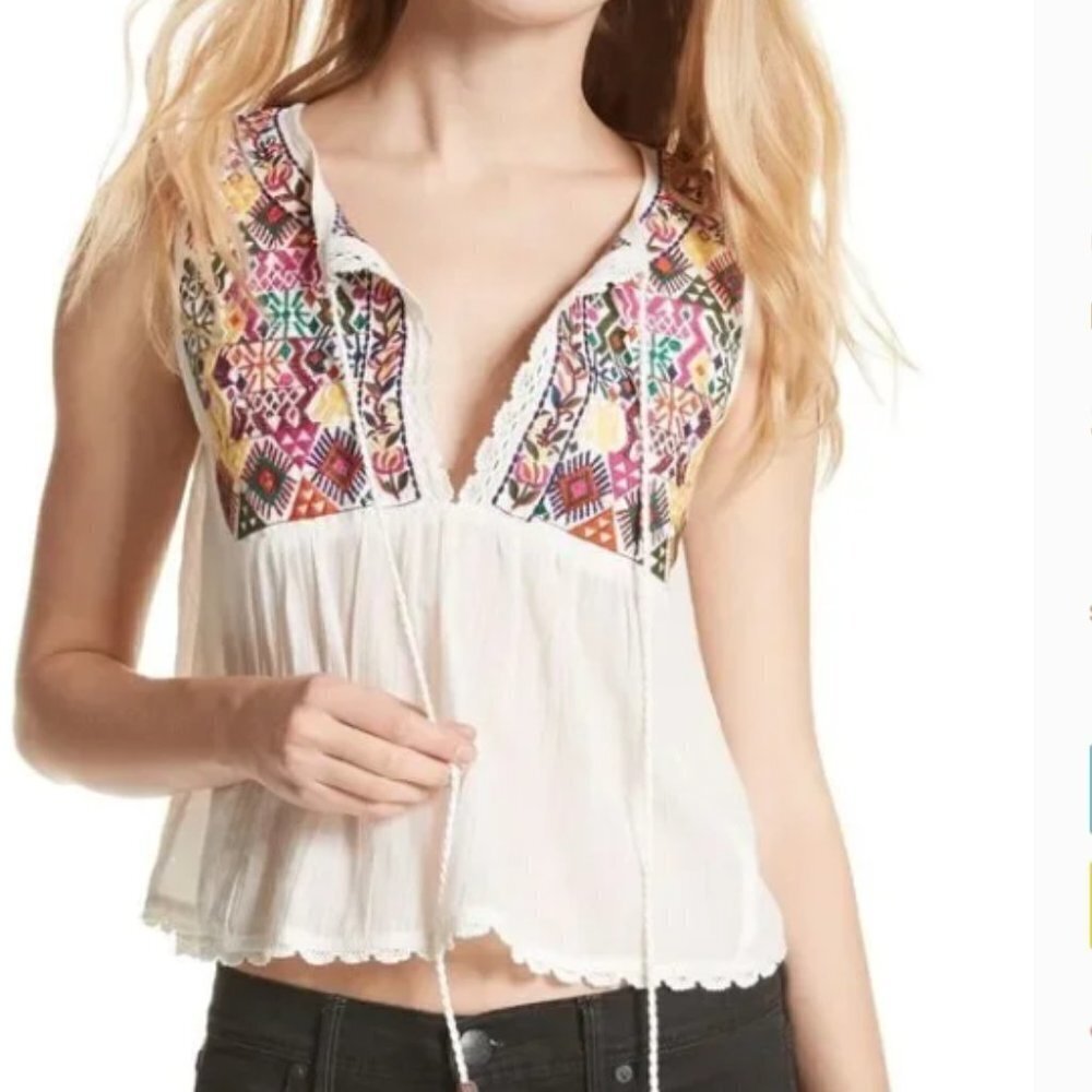 Free People Lohri Embroidered Tassel Top Size S
